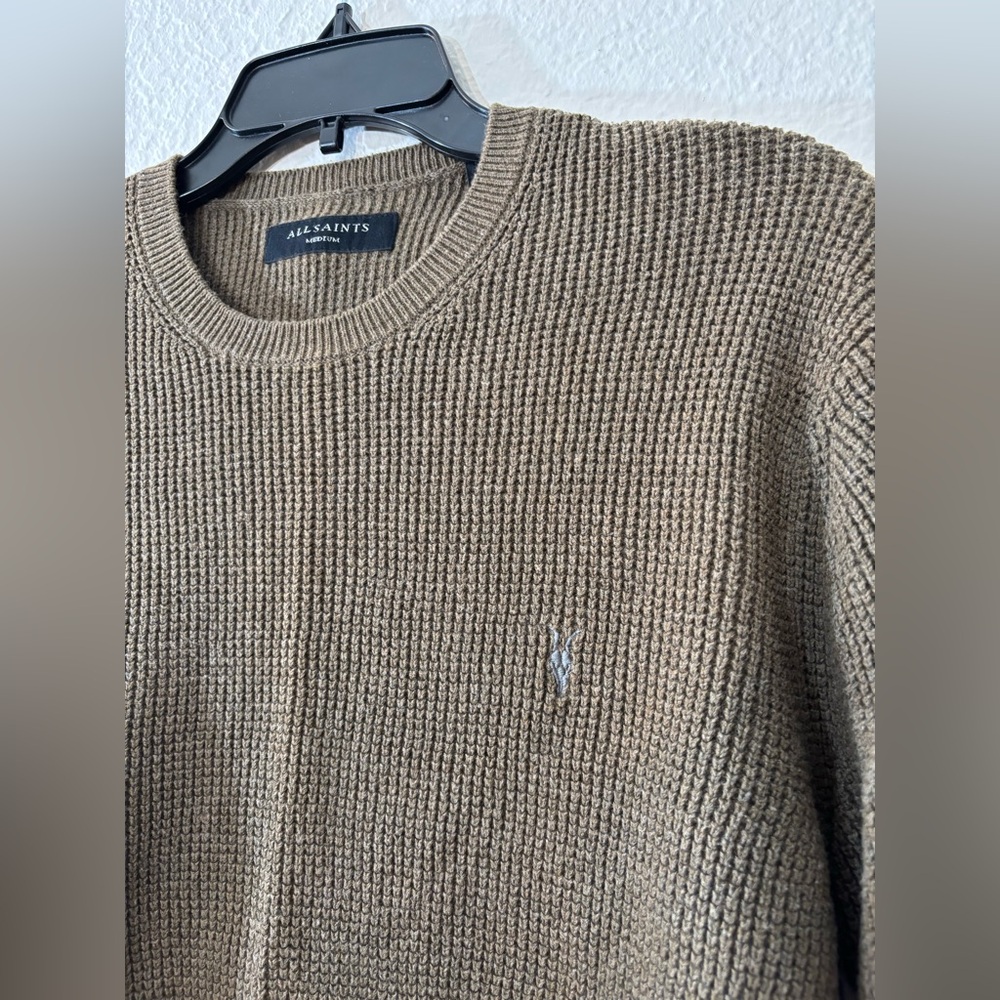 ALLSAINTS Rias Crew Waffle Knit Sweater Brown Men’s Medium Organic Cotton - Picture 2 of 7